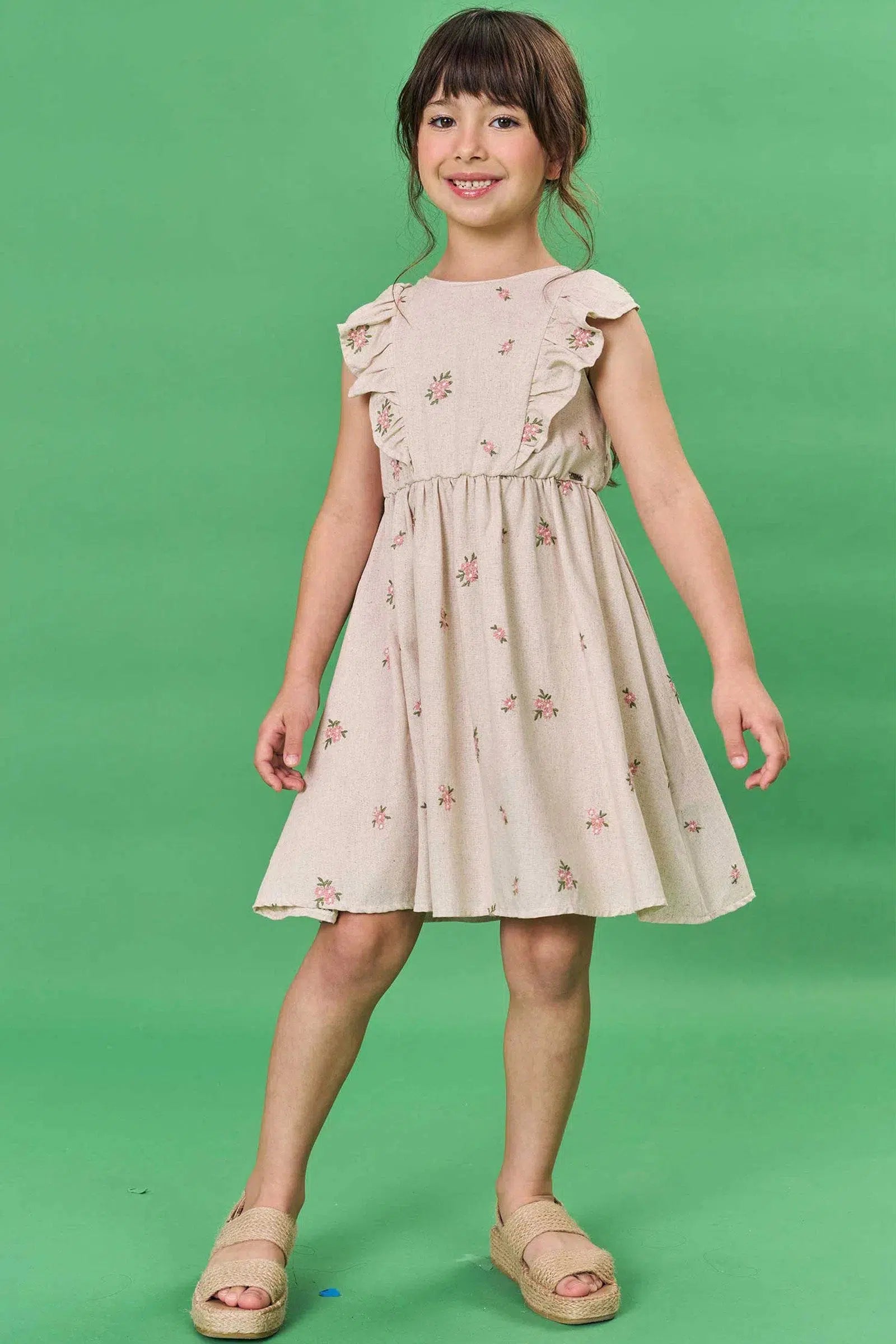 Vestido Infantil em Linho Bordado Flores 82165 Infanti