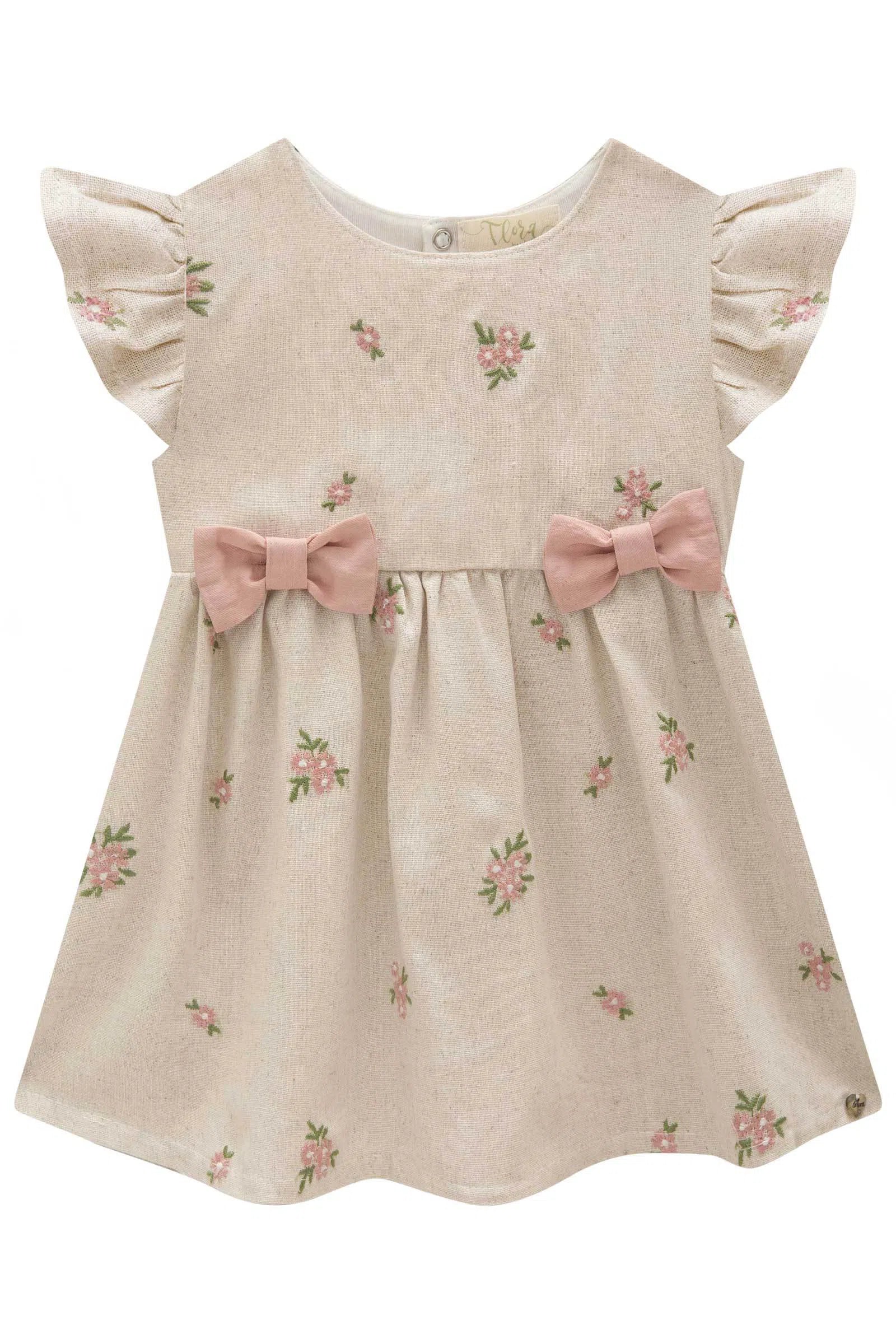 Vestido Bebê em Linho Bordado Flores 82313 Infanti