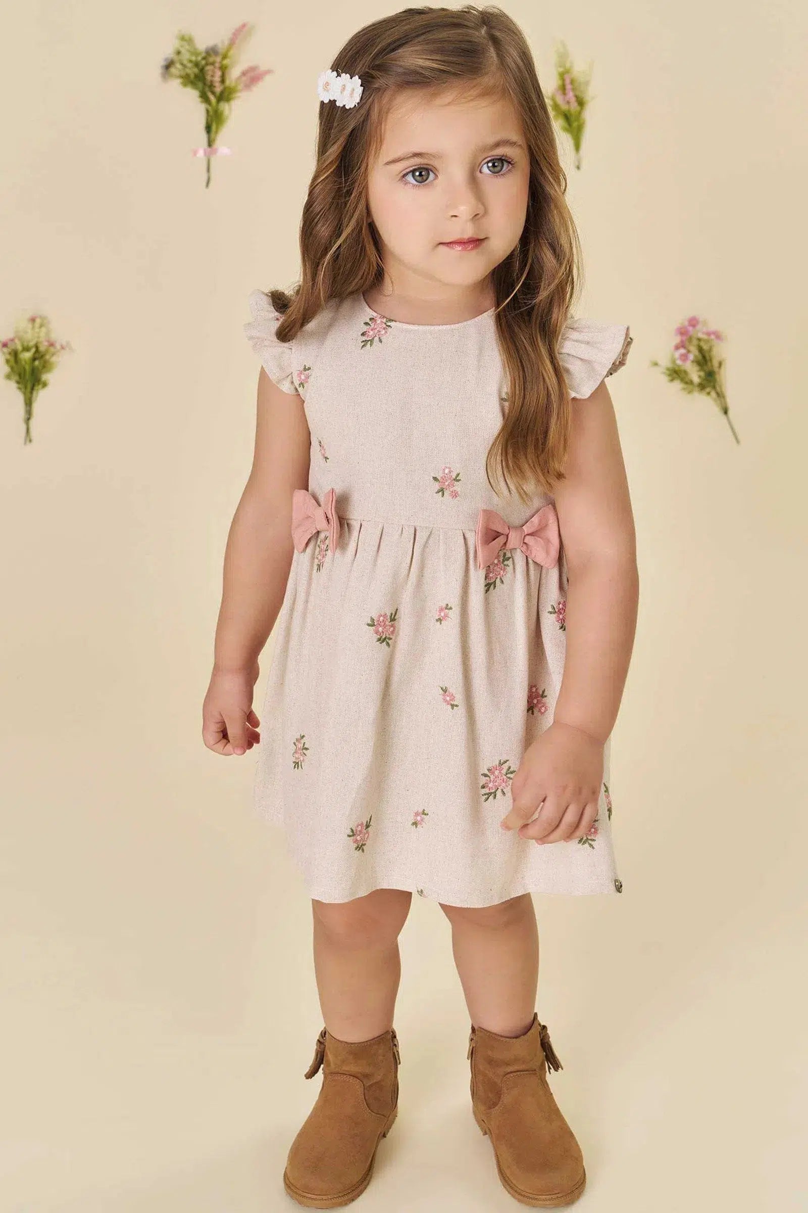 Vestido Bebê em Linho Bordado Flores 82313 Infanti