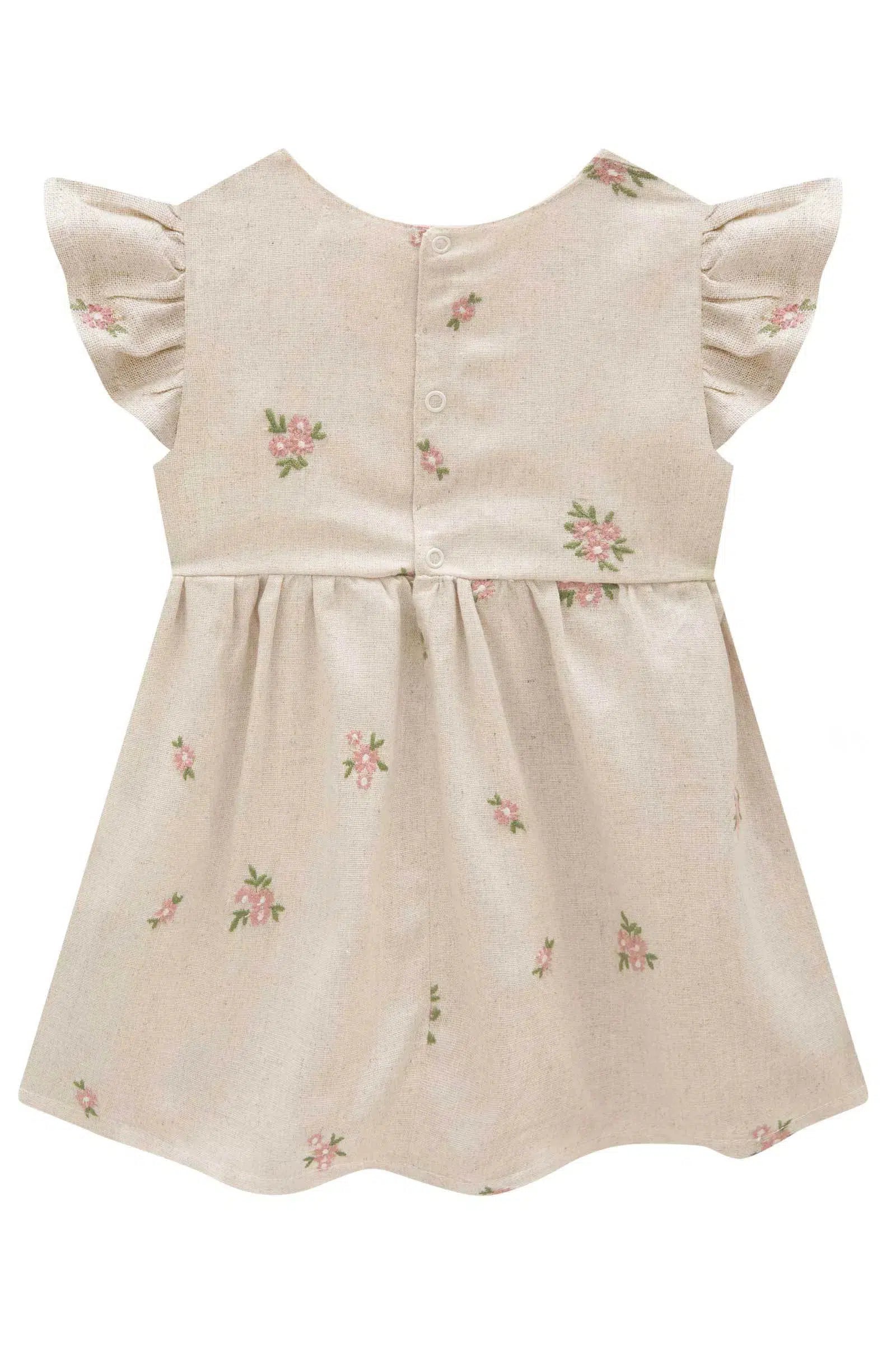 Vestido Bebê em Linho Bordado Flores 82313 Infanti