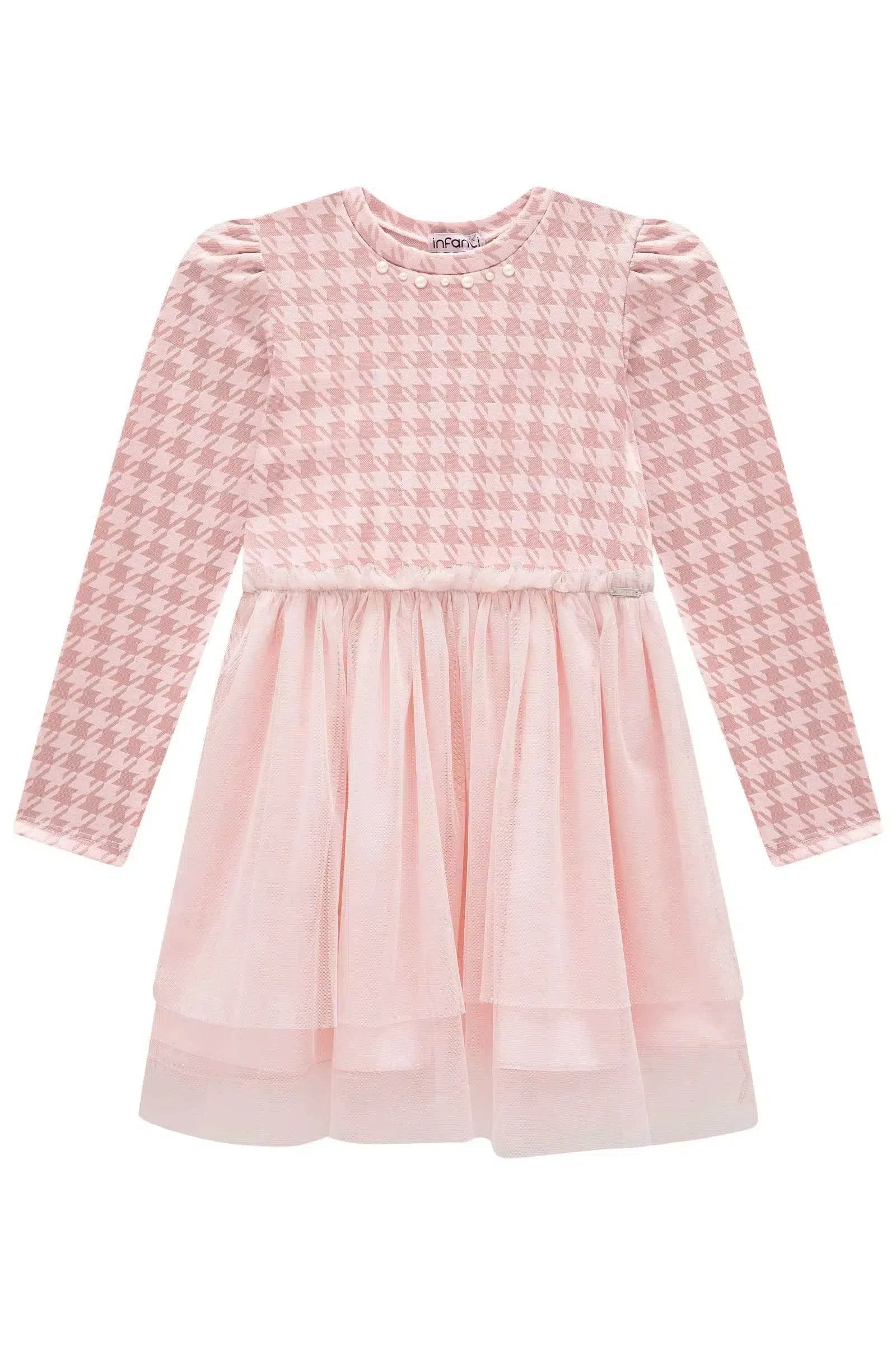 Vestido em Malha Pied Poule e Tule 80925 Infanti Infantil Menina