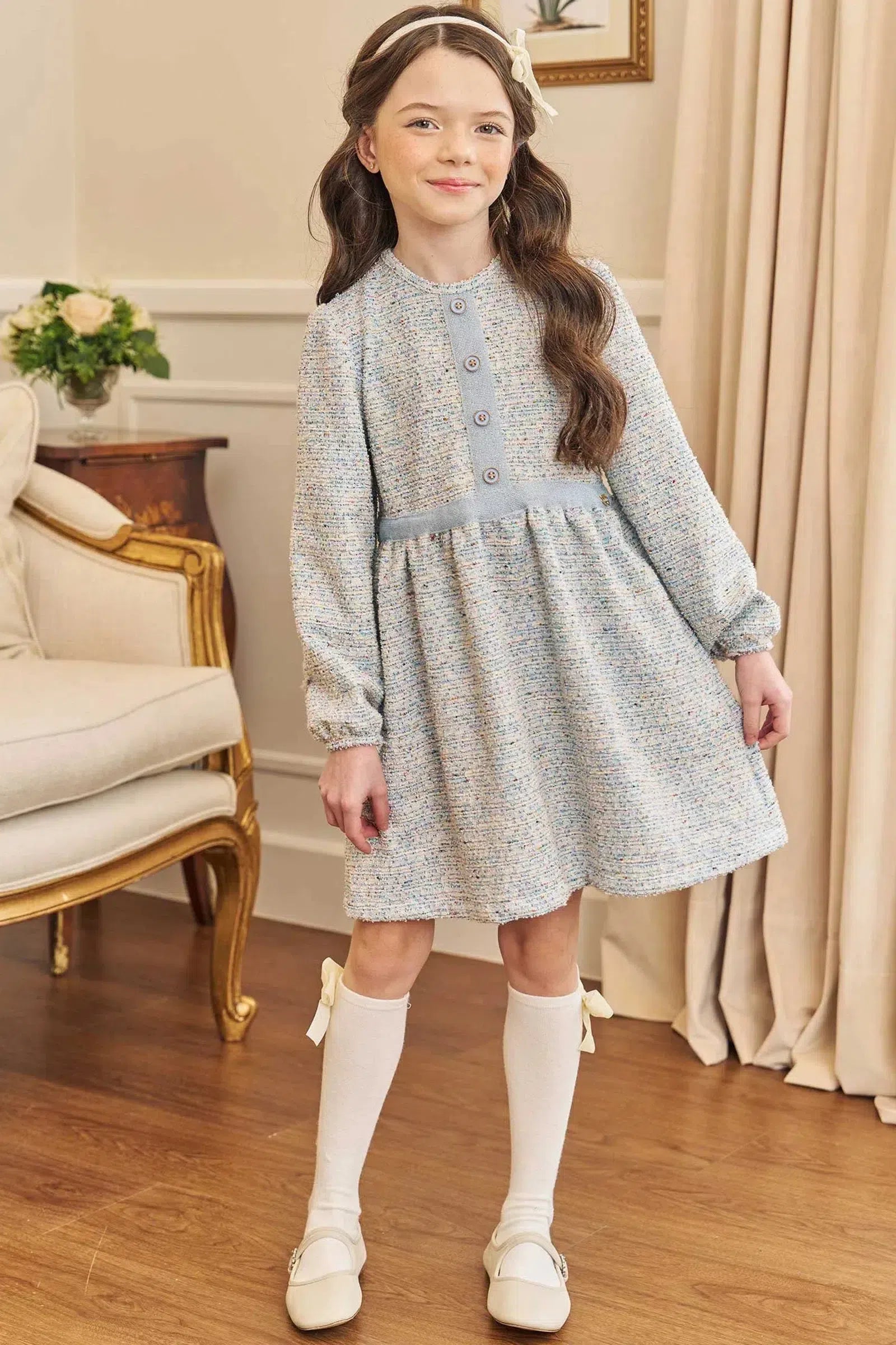 Vestido em Malha Tweed Brilho 80092 Kukiê Infantil Menina