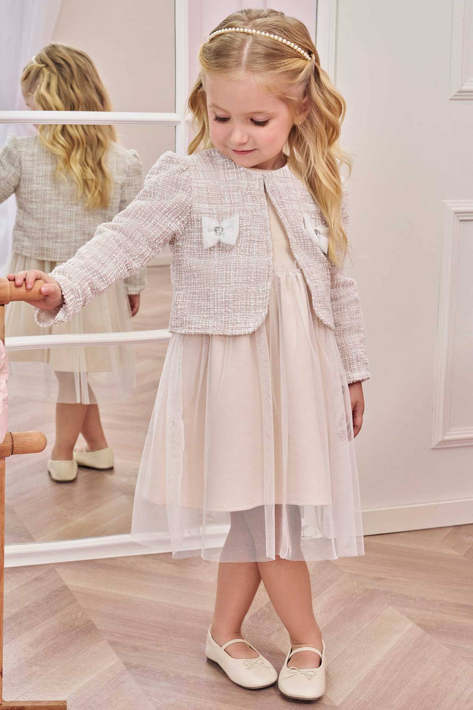 Vestido em Malha Twill Brilho e Tule com Bolero em Malha Tweed Brilho 80559 Infanti Bebê Menina