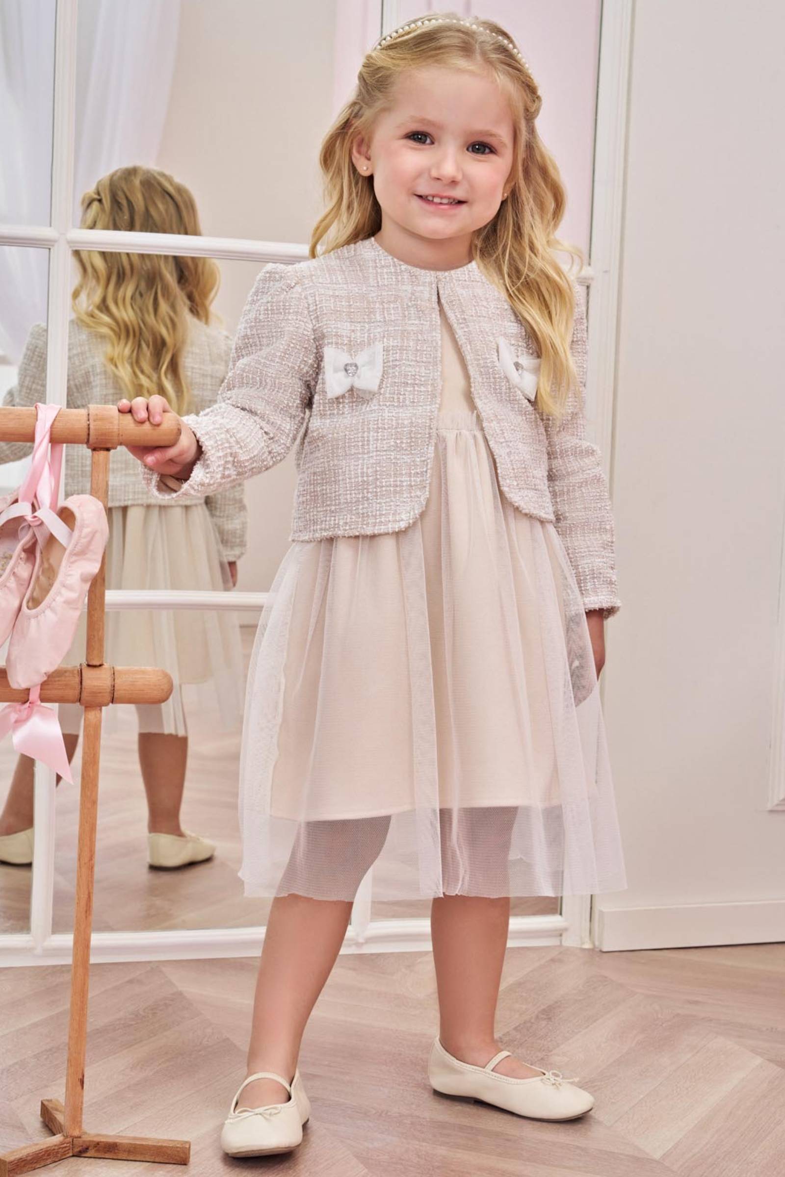 Vestido em Malha Twill Brilho e Tule com Bolero em Malha Tweed Brilho 80559 Infanti Bebê Menina