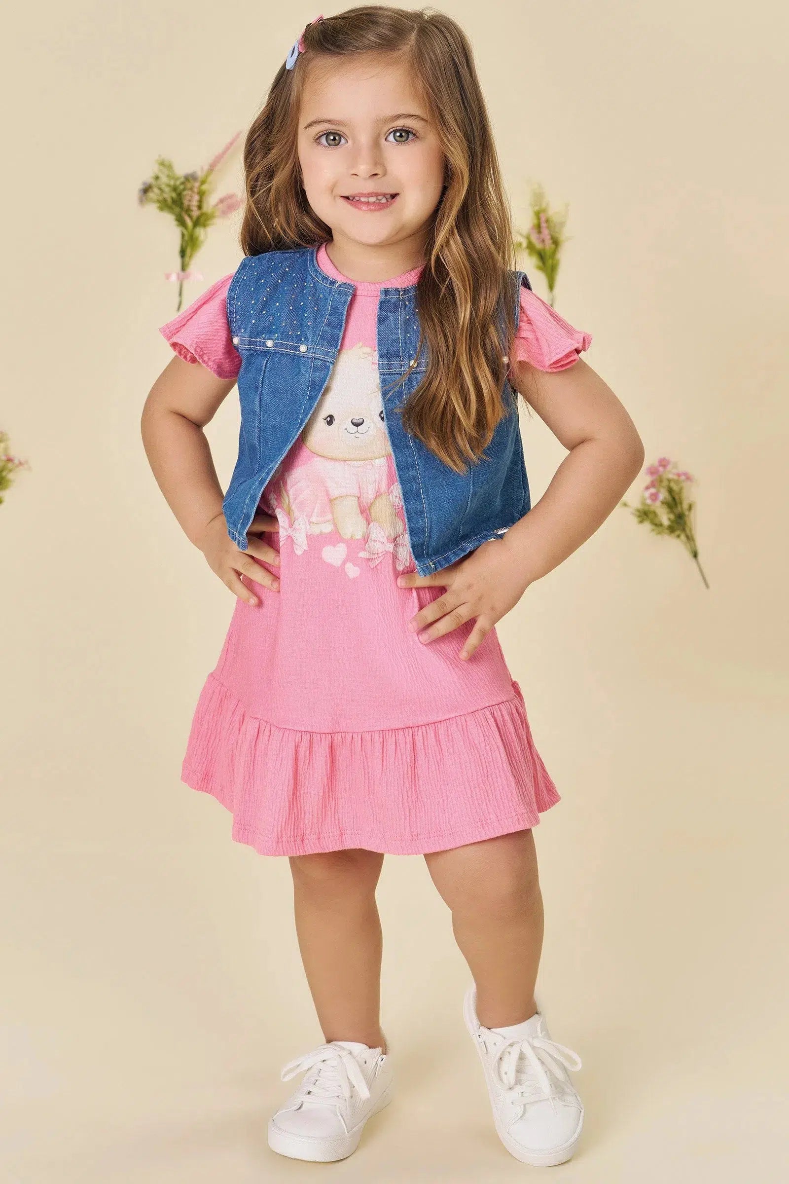 Vestido Bebê em Malha Wave e Colete em Jeans Arkansas 81845 Infanti