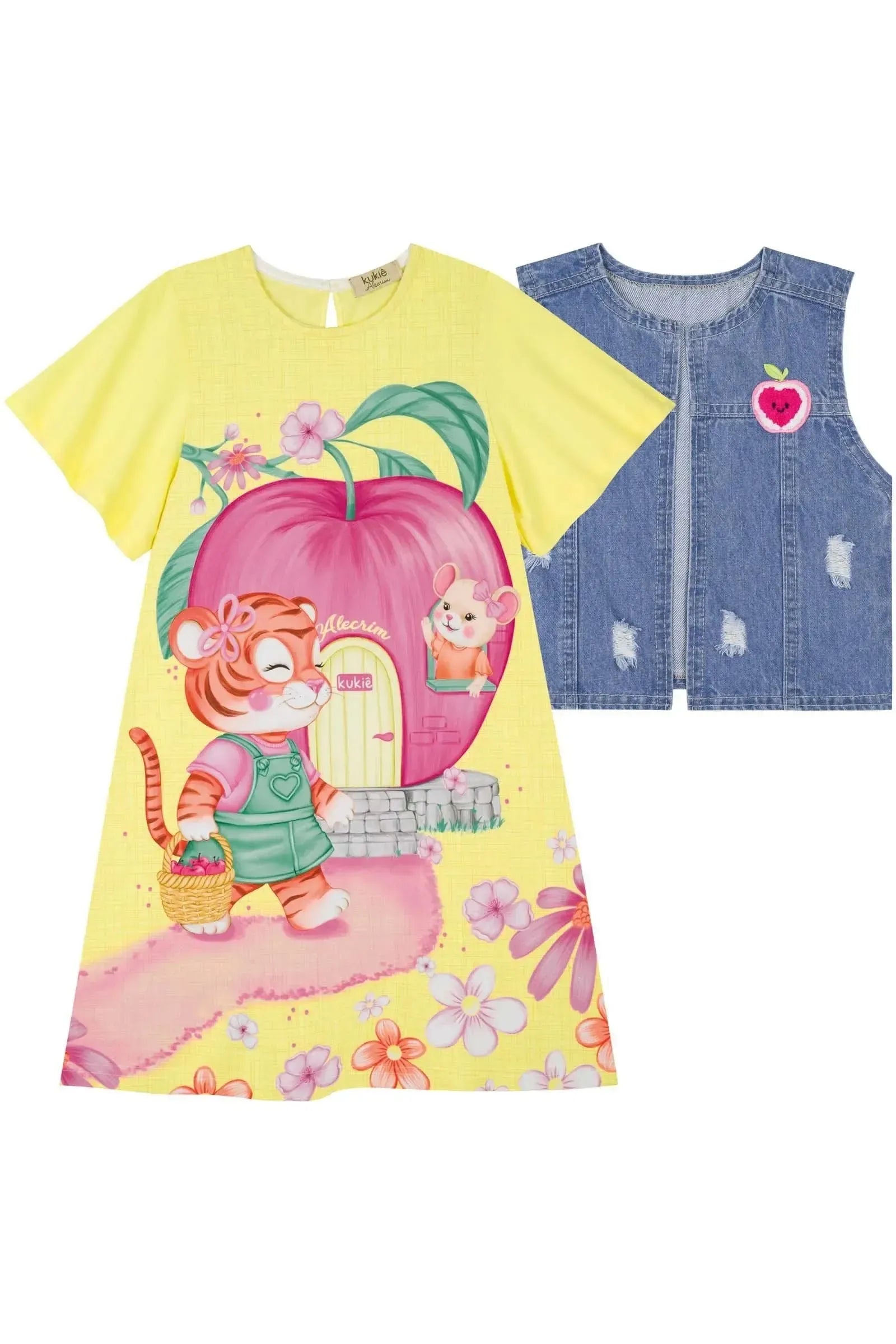 Vestido em Meia Malha e Colete em Jeans 84171 Kukiê Infantil Menina