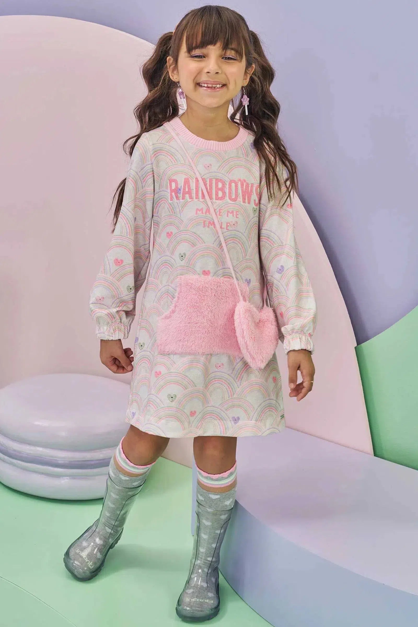 Vestido em Molecotton e Bolsa em Pelo Carneirinho 80114 Infanti Infantil Menina