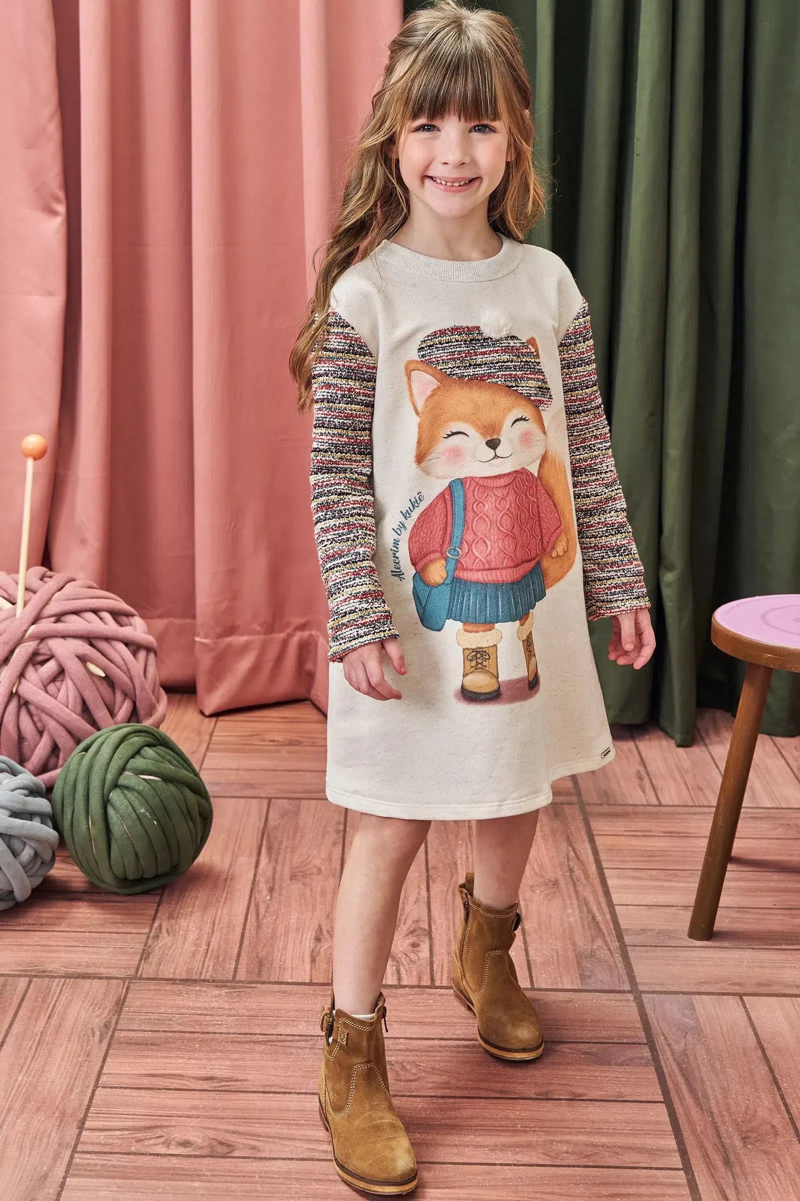 Vestido em Moletom Linho sem Pelúcia e Malha Tweed 81383 Kukiê Infantil Menina