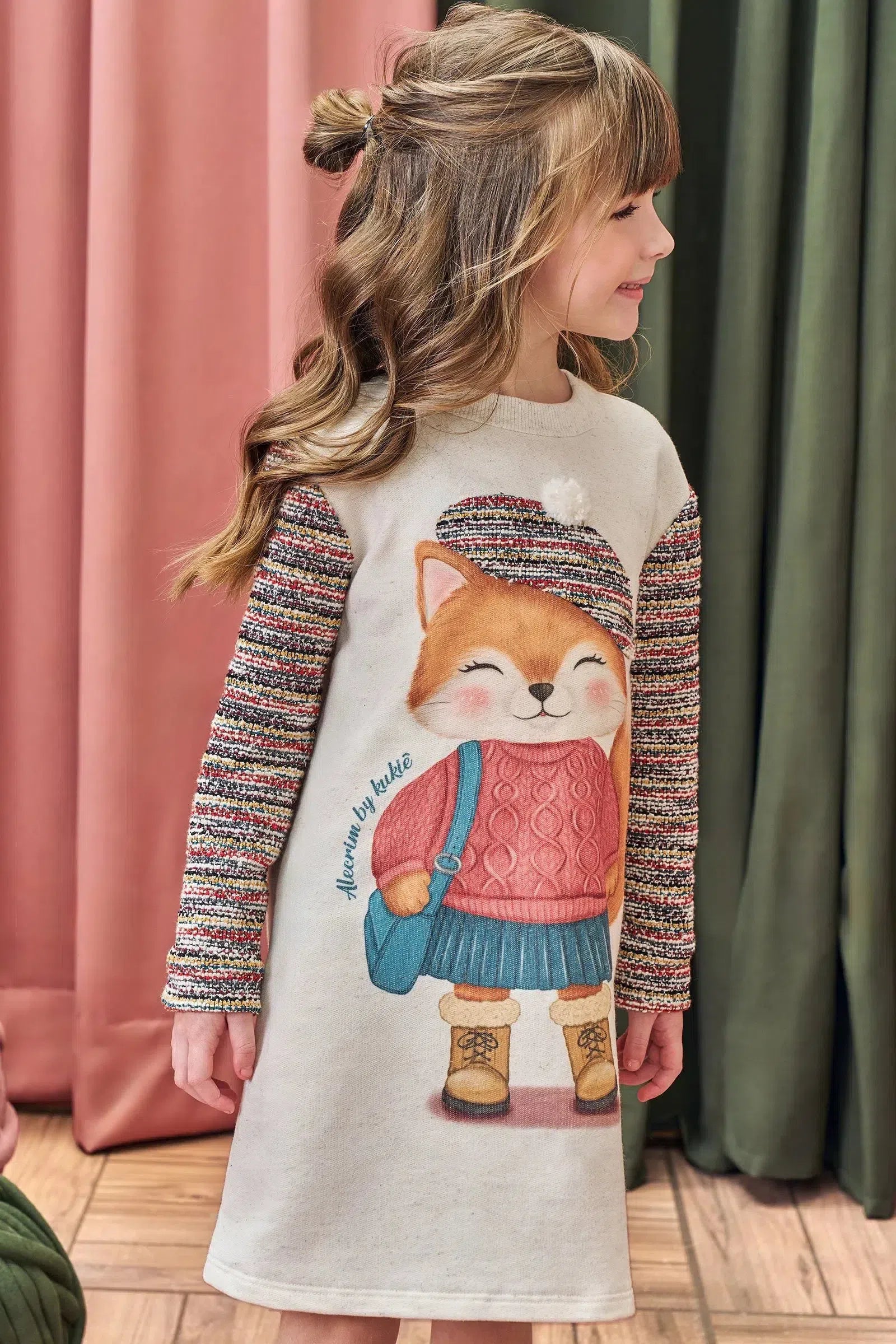 Vestido em Moletom Linho sem Pelúcia e Malha Tweed 81383 Kukiê Infantil Menina