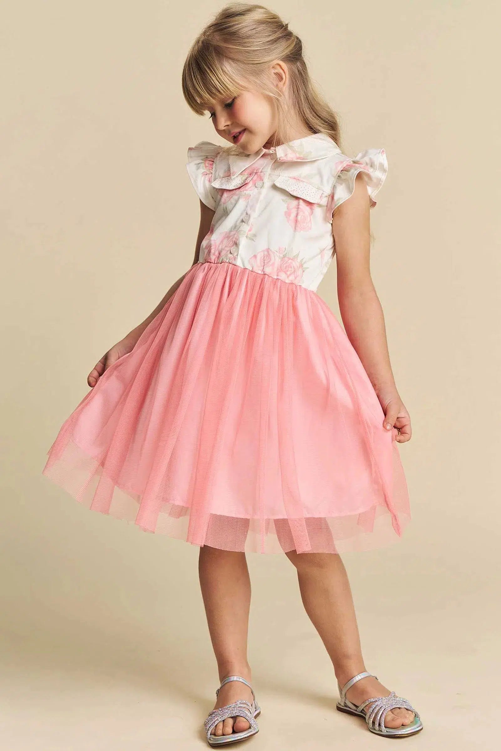 Vestido em Sarja Daryl Estampada e Tule 75057 Infanti