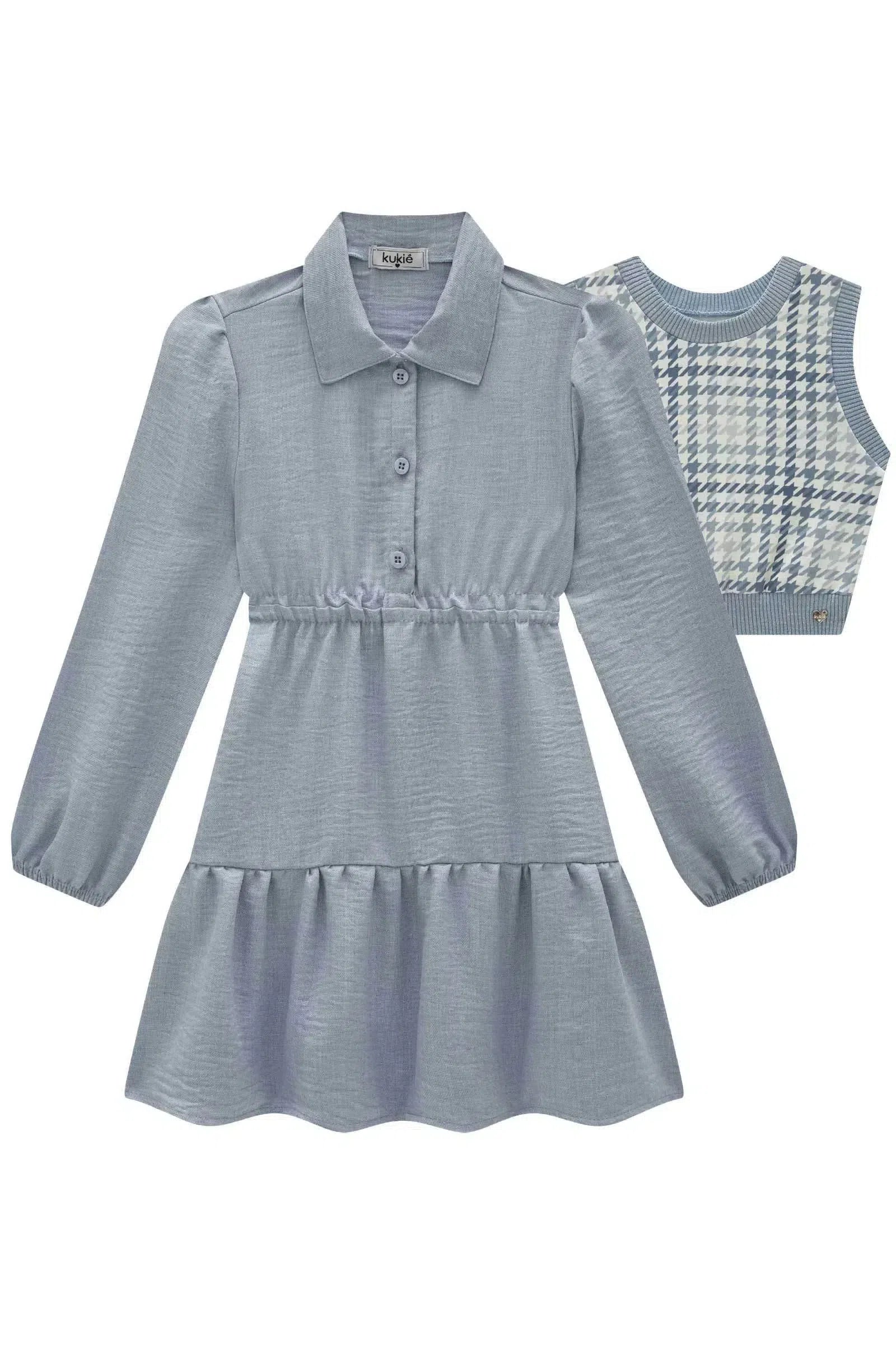 Vestido em Tecido Alfaiataria Linen e Colete em Molecotton 81741 Kukiê Infantil Menina