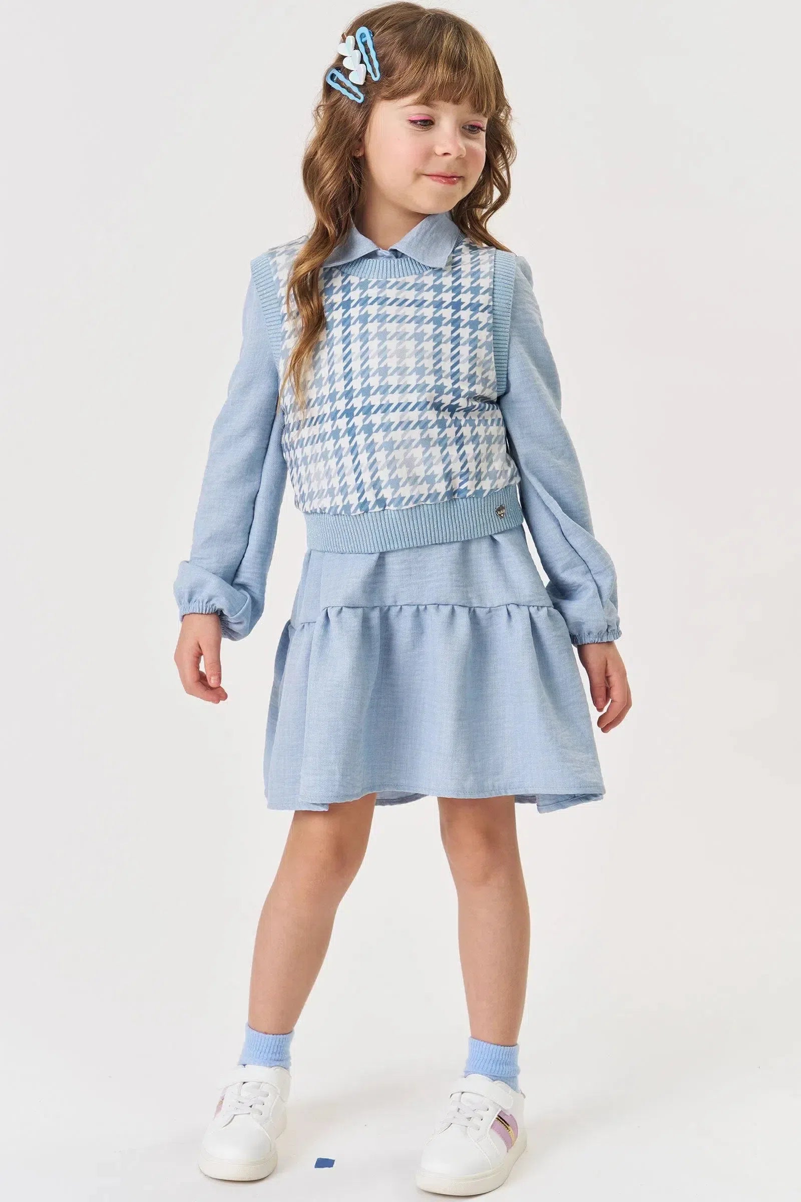 Vestido em Tecido Alfaiataria Linen e Colete em Molecotton 81741 Kukiê Infantil Menina