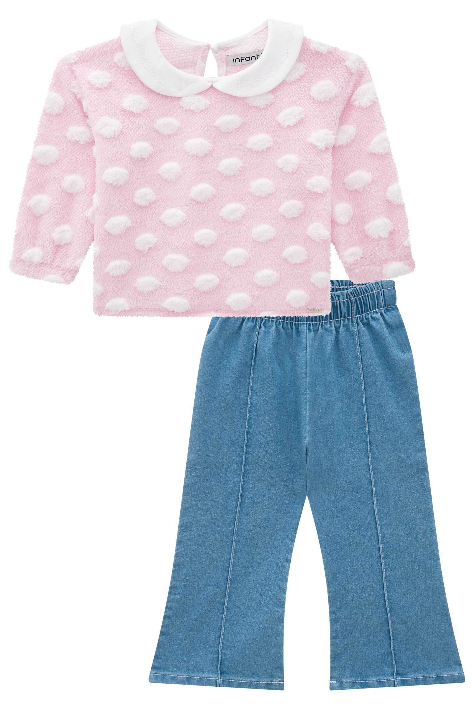 Conjunto de Blusão em Pelo Poá com Calça Flare em Jeans Bellini 71503 Infanti