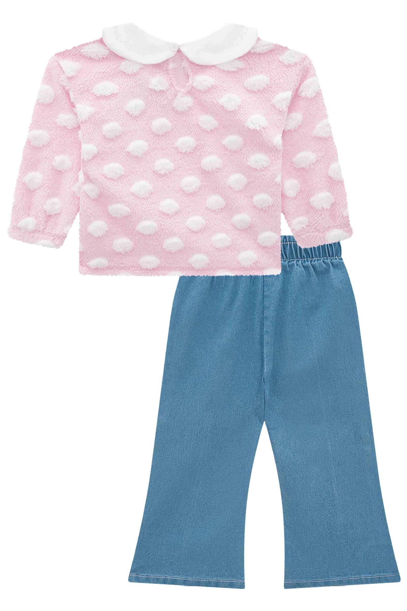 Conjunto de Blusão em Pelo Poá com Calça Flare em Jeans Bellini 71503 Infanti